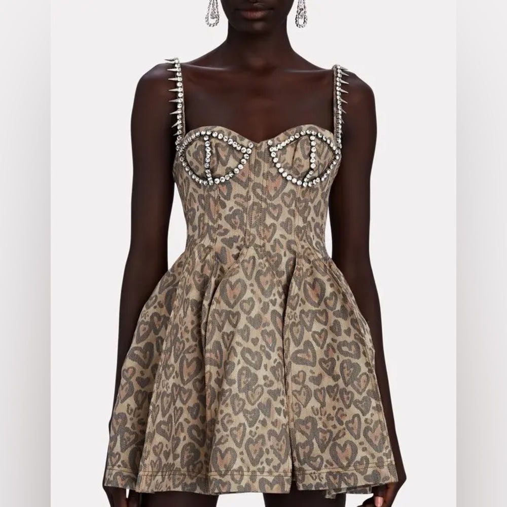 AREA
Heart Leopard Print Godet Denim Dress w/ Studded Trim size 6